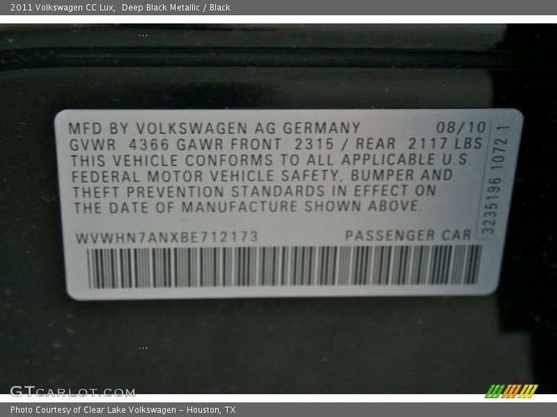 Info Tag of 2011 CC Lux