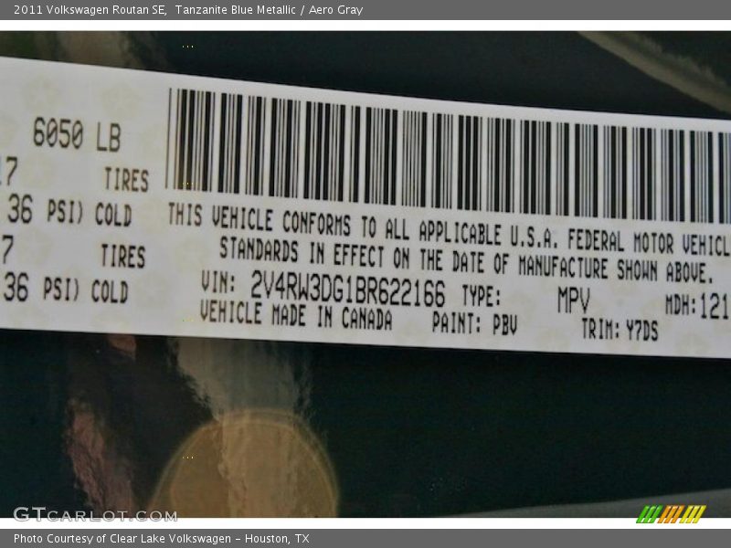 2011 Routan SE Tanzanite Blue Metallic Color Code PBV