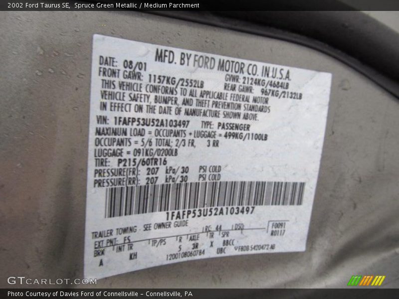 Spruce Green Metallic / Medium Parchment 2002 Ford Taurus SE