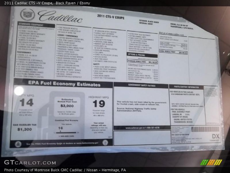  2011 CTS -V Coupe Window Sticker