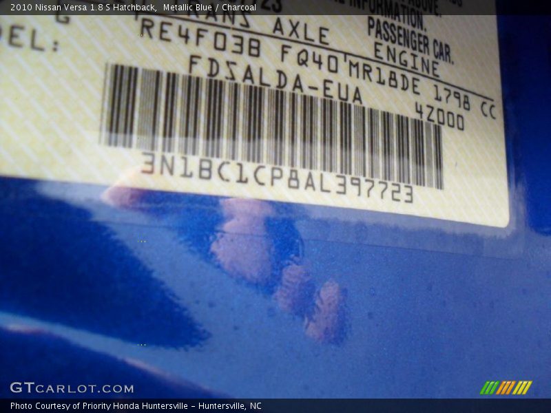 Metallic Blue / Charcoal 2010 Nissan Versa 1.8 S Hatchback