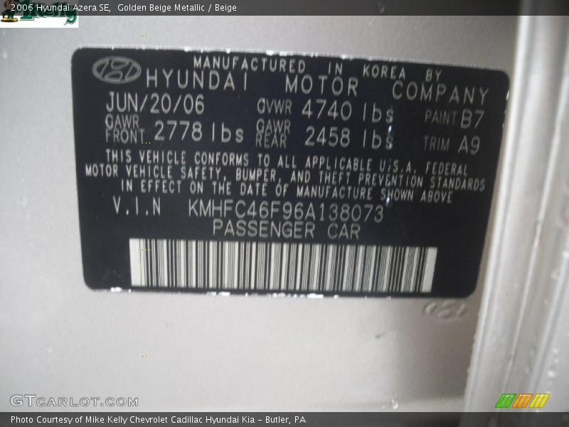 Golden Beige Metallic / Beige 2006 Hyundai Azera SE