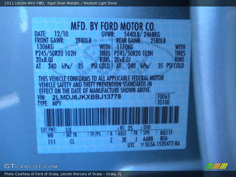 Ingot Silver Metallic / Medium Light Stone 2011 Lincoln MKX FWD