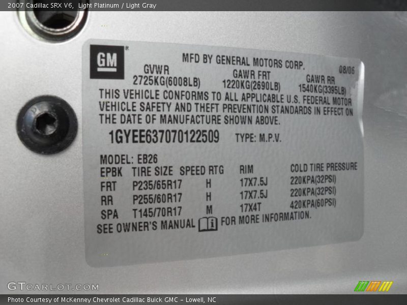 Light Platinum / Light Gray 2007 Cadillac SRX V6