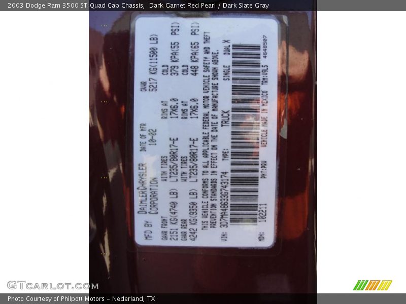 Dark Garnet Red Pearl / Dark Slate Gray 2003 Dodge Ram 3500 ST Quad Cab Chassis