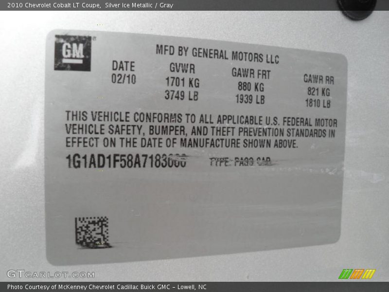 Silver Ice Metallic / Gray 2010 Chevrolet Cobalt LT Coupe
