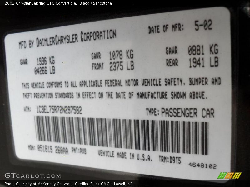 Black / Sandstone 2002 Chrysler Sebring GTC Convertible
