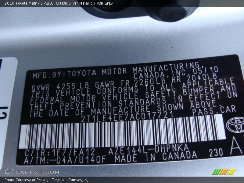 2010 Matrix S AWD Classic Silver Metallic Color Code 1F7