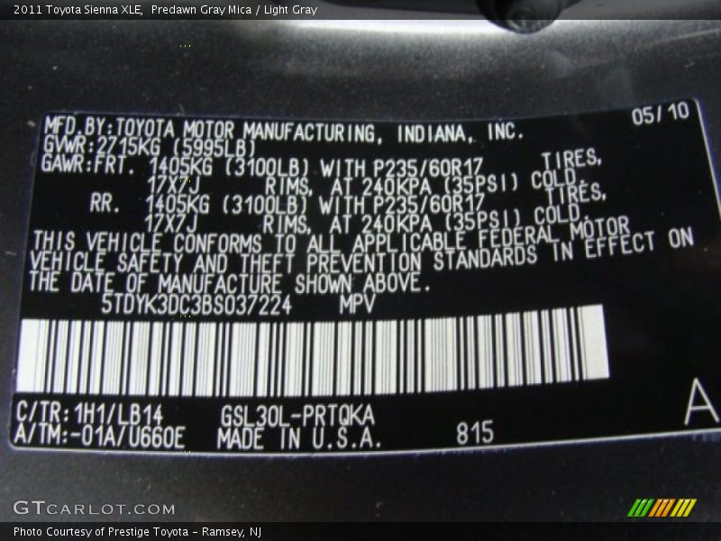 2011 Sienna XLE Predawn Gray Mica Color Code 1H1