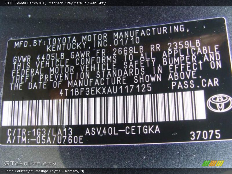 2010 Camry XLE Magnetic Gray Metallic Color Code 1G3