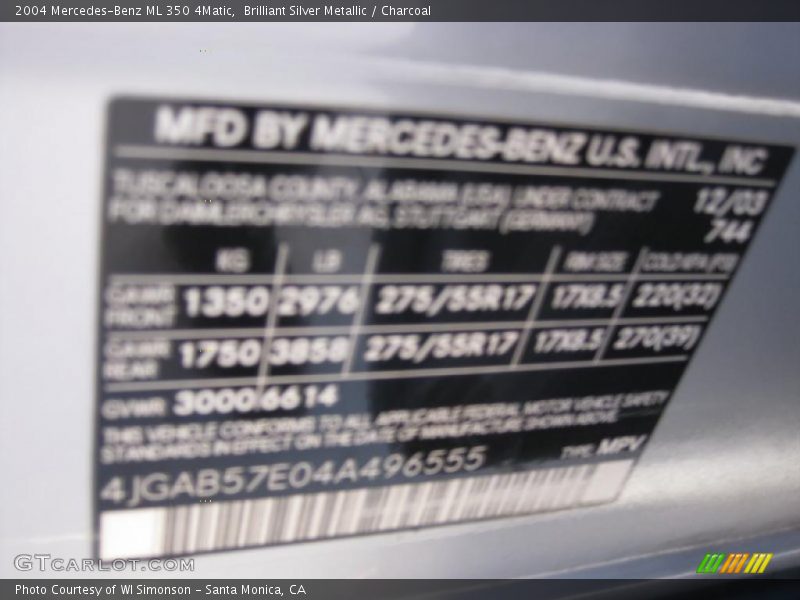 Brilliant Silver Metallic / Charcoal 2004 Mercedes-Benz ML 350 4Matic
