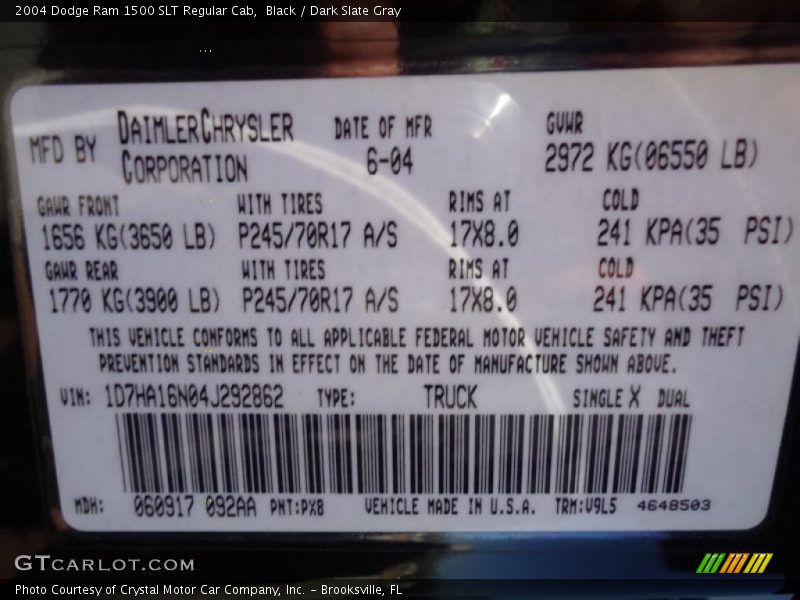 Black / Dark Slate Gray 2004 Dodge Ram 1500 SLT Regular Cab