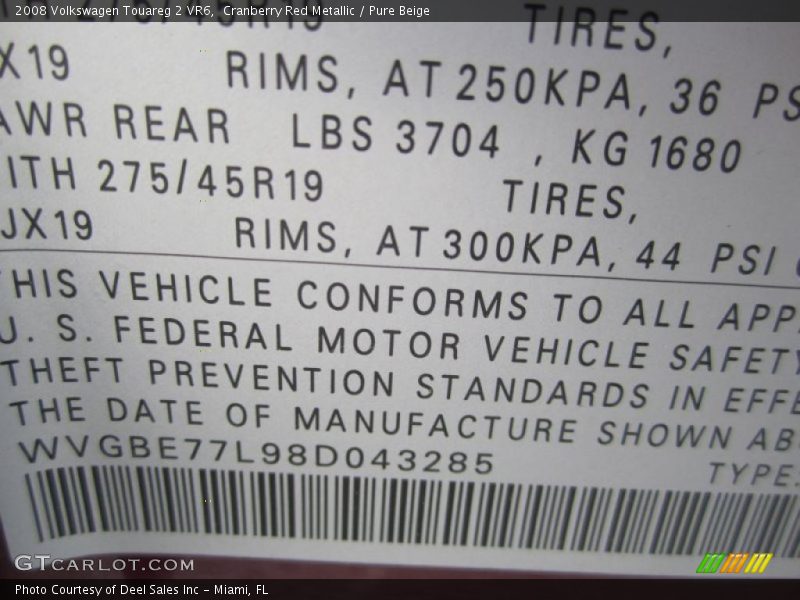 Cranberry Red Metallic / Pure Beige 2008 Volkswagen Touareg 2 VR6