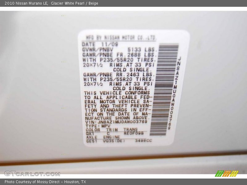 Glacier White Pearl / Beige 2010 Nissan Murano LE