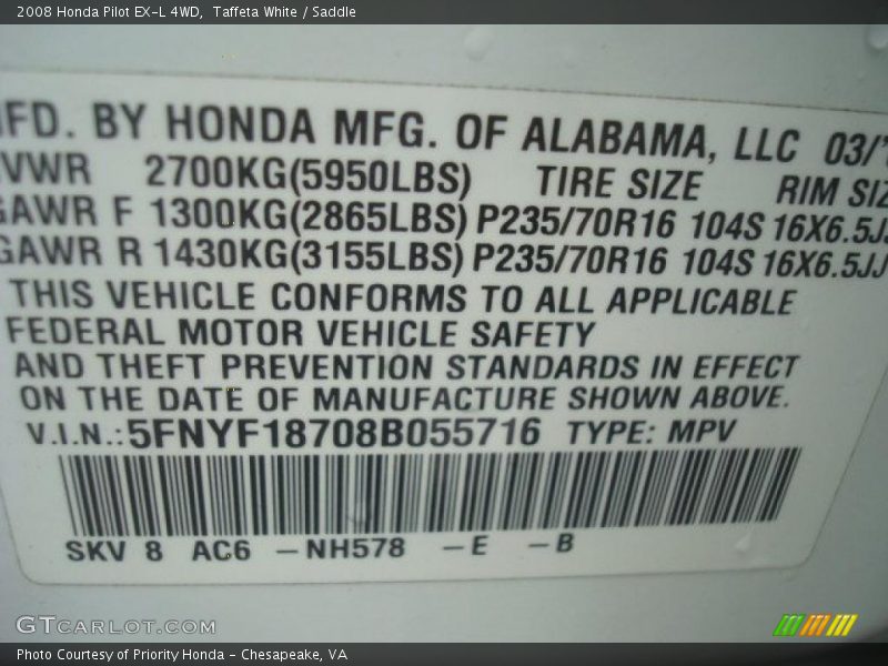 Taffeta White / Saddle 2008 Honda Pilot EX-L 4WD