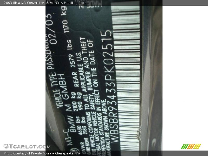 Info Tag of 2003 M3 Convertible
