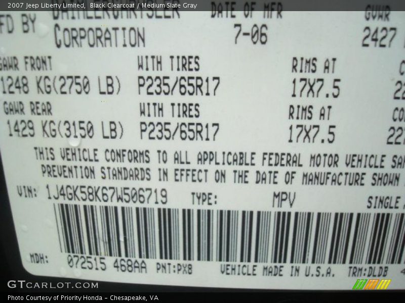 Black Clearcoat / Medium Slate Gray 2007 Jeep Liberty Limited