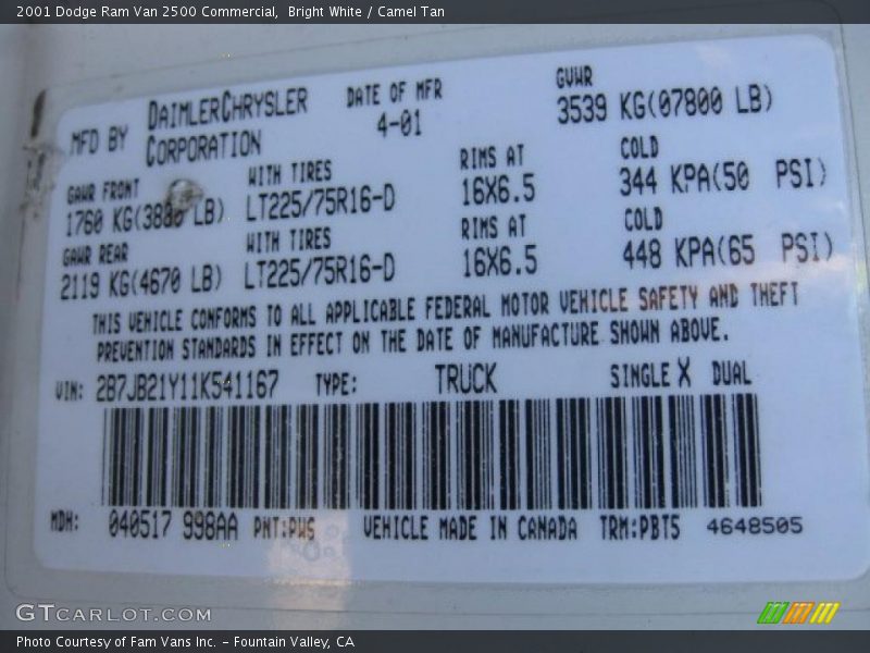Bright White / Camel Tan 2001 Dodge Ram Van 2500 Commercial