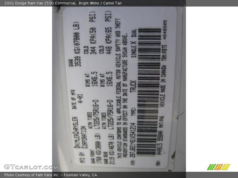 Bright White / Camel Tan 2001 Dodge Ram Van 2500 Commercial