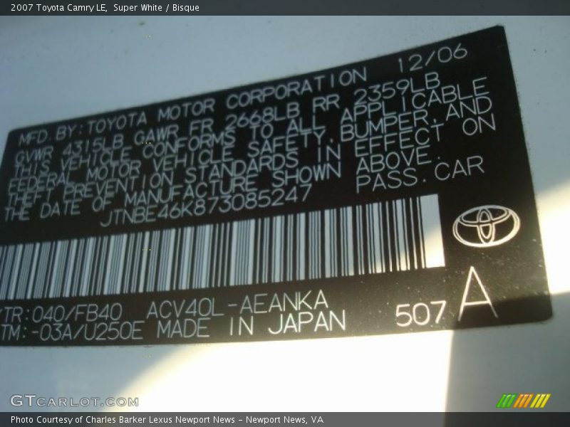 Super White / Bisque 2007 Toyota Camry LE