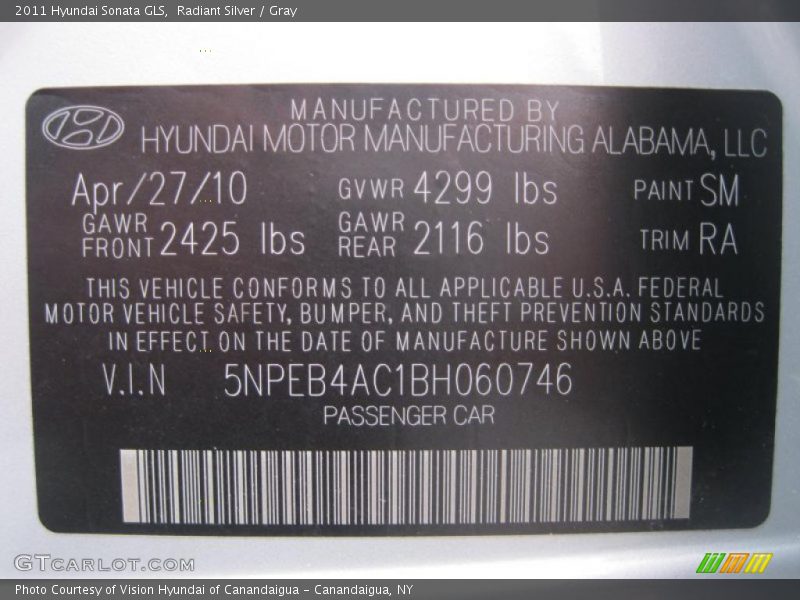 Radiant Silver / Gray 2011 Hyundai Sonata GLS