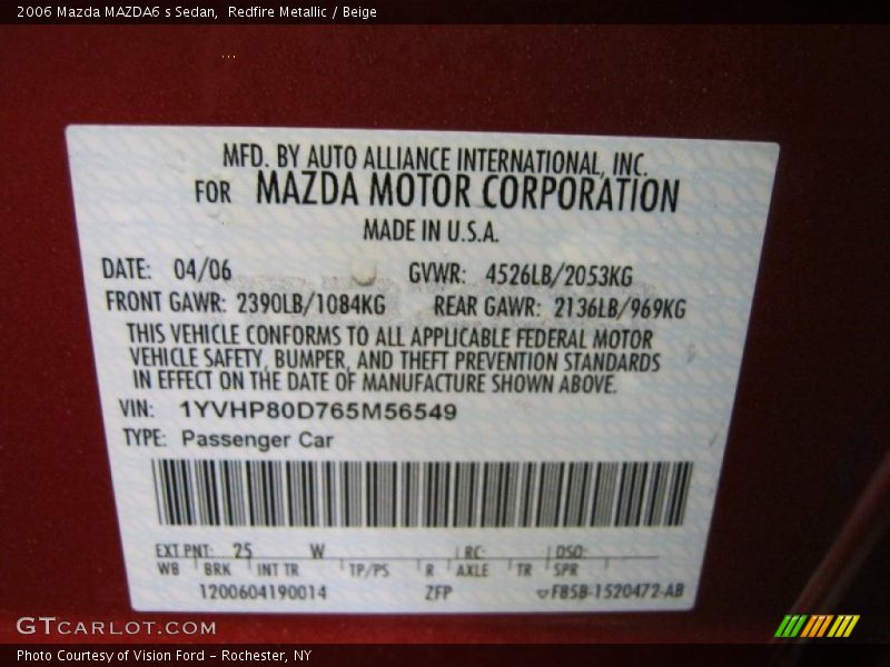 Redfire Metallic / Beige 2006 Mazda MAZDA6 s Sedan
