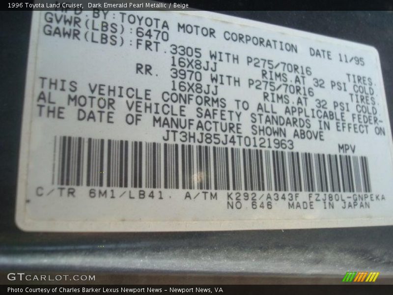 1996 Land Cruiser  Dark Emerald Pearl Metallic Color Code 6M1