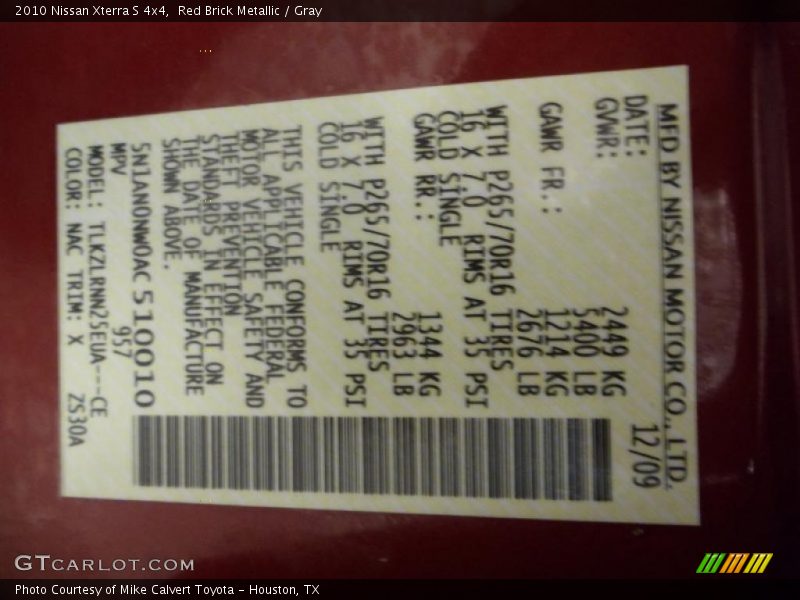 2010 Xterra S 4x4 Red Brick Metallic Color Code NAC