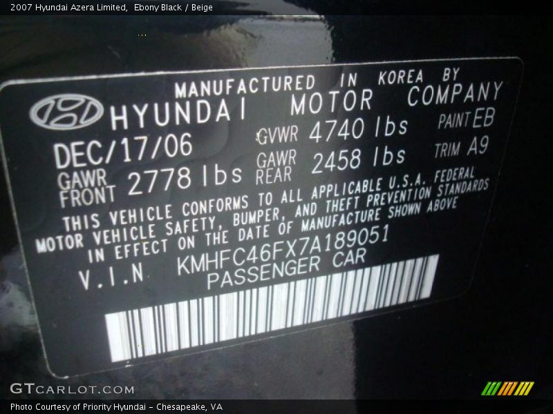 Ebony Black / Beige 2007 Hyundai Azera Limited