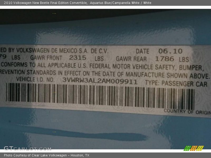 Info Tag of 2010 New Beetle Final Edition Convertible