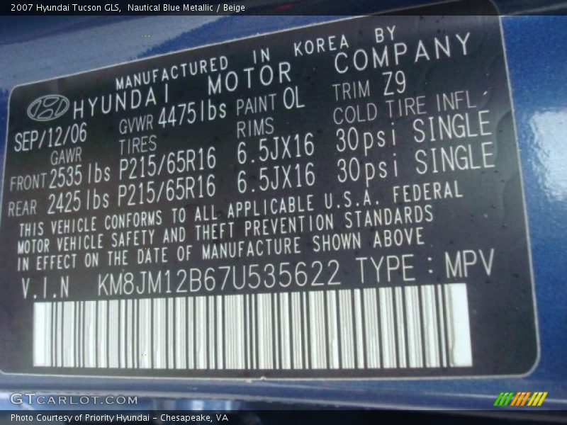 Nautical Blue Metallic / Beige 2007 Hyundai Tucson GLS