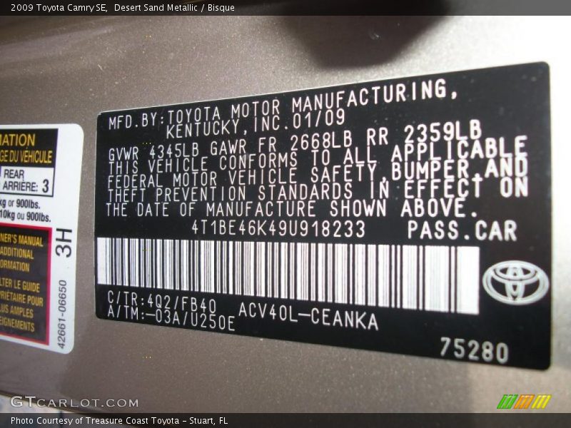 Desert Sand Metallic / Bisque 2009 Toyota Camry SE