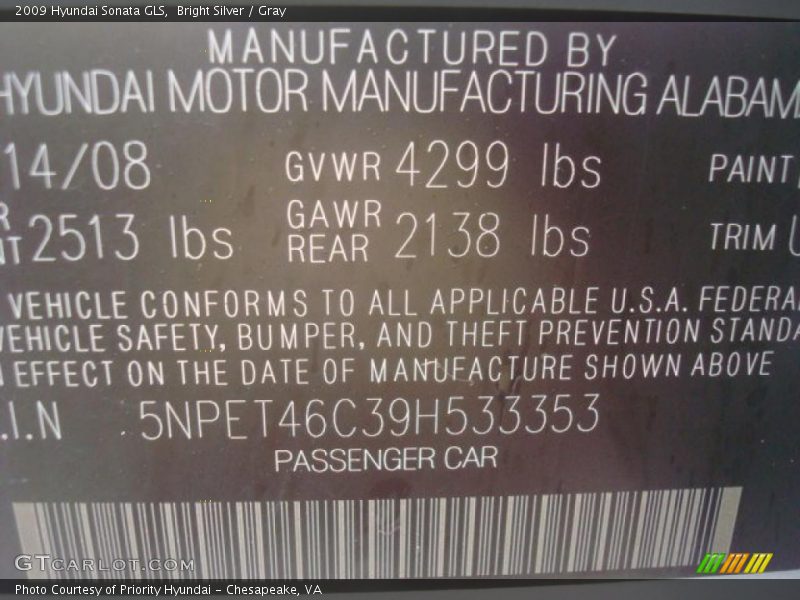 Bright Silver / Gray 2009 Hyundai Sonata GLS