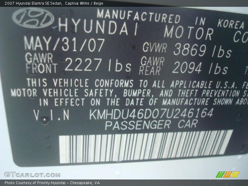 Captiva White / Beige 2007 Hyundai Elantra SE Sedan