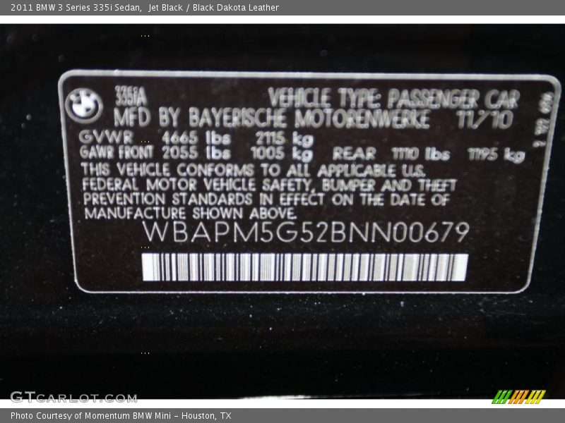 Jet Black / Black Dakota Leather 2011 BMW 3 Series 335i Sedan