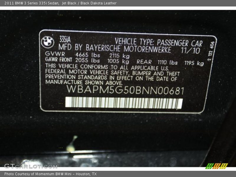 Jet Black / Black Dakota Leather 2011 BMW 3 Series 335i Sedan