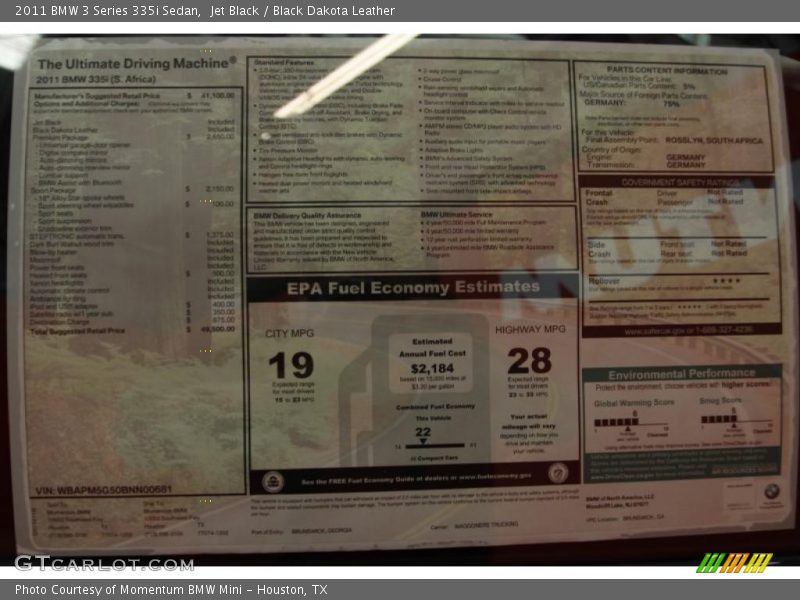  2011 3 Series 335i Sedan Window Sticker