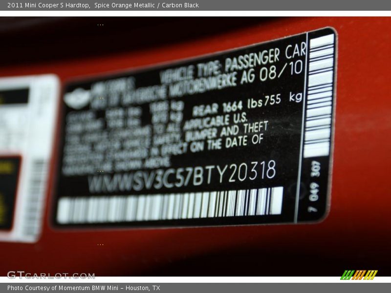 Spice Orange Metallic / Carbon Black 2011 Mini Cooper S Hardtop