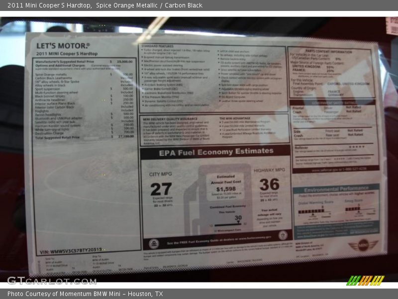 Spice Orange Metallic / Carbon Black 2011 Mini Cooper S Hardtop