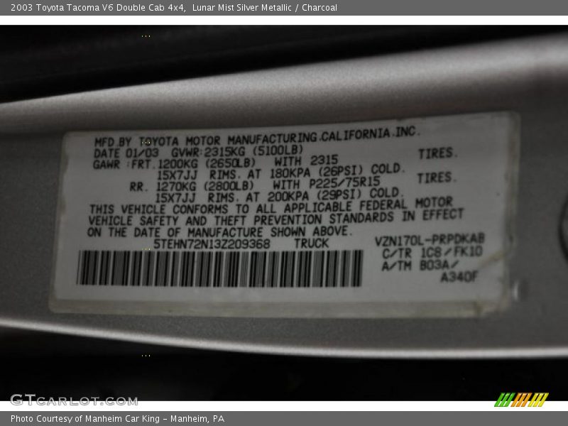 Lunar Mist Silver Metallic / Charcoal 2003 Toyota Tacoma V6 Double Cab 4x4