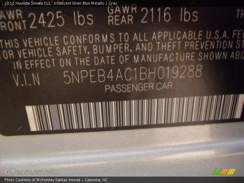 Iridescent Silver Blue Metallic / Gray 2011 Hyundai Sonata GLS