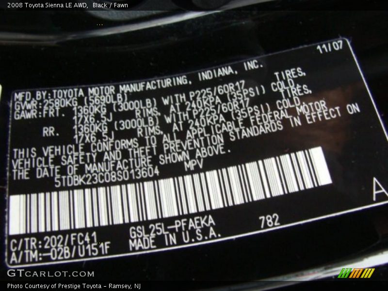 Black / Fawn 2008 Toyota Sienna LE AWD
