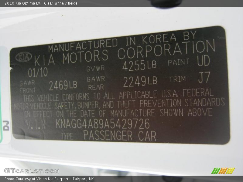 Clear White / Beige 2010 Kia Optima LX