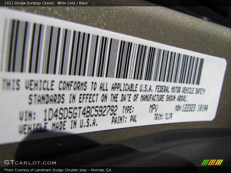 2011 Durango Citadel White Gold Color Code PWL