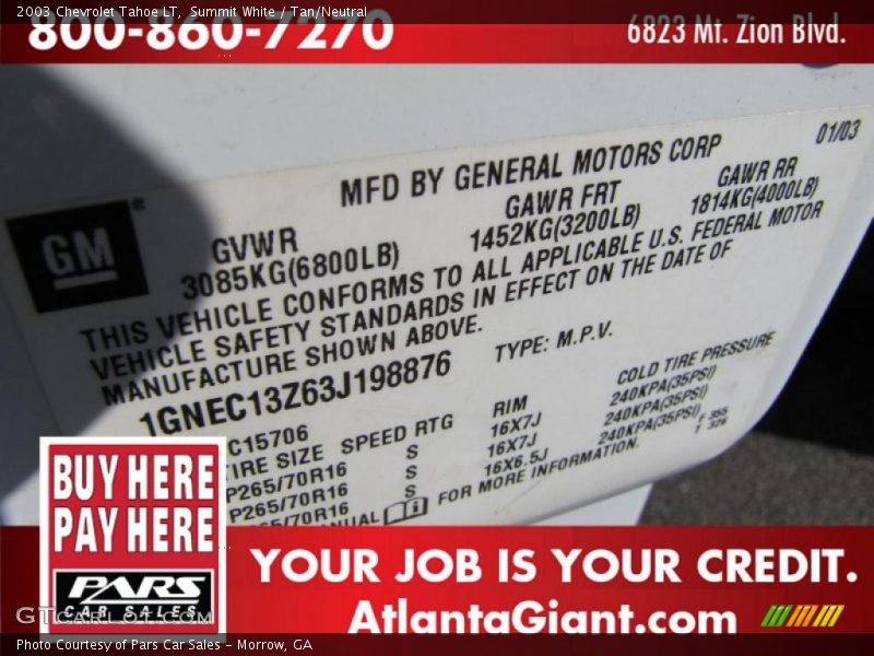 Summit White / Tan/Neutral 2003 Chevrolet Tahoe LT