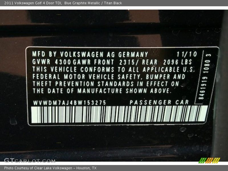 Blue Graphite Metallic / Titan Black 2011 Volkswagen Golf 4 Door TDI
