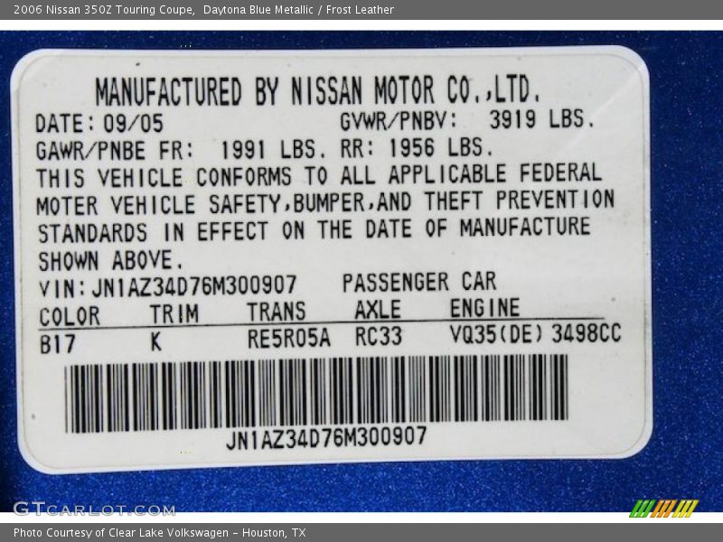 2006 350Z Touring Coupe Daytona Blue Metallic Color Code B17