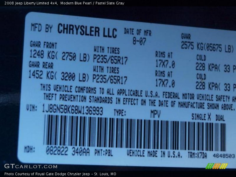 Modern Blue Pearl / Pastel Slate Gray 2008 Jeep Liberty Limited 4x4