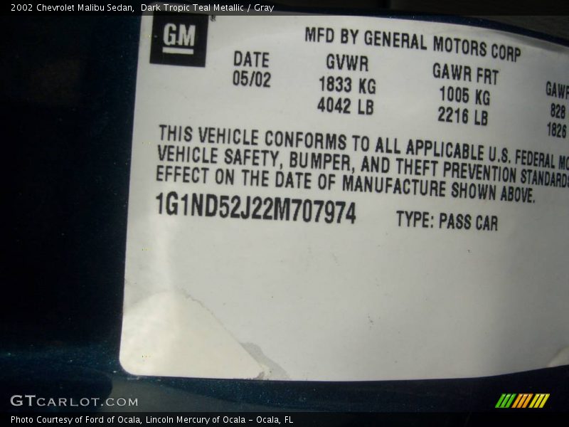 Dark Tropic Teal Metallic / Gray 2002 Chevrolet Malibu Sedan