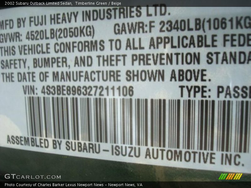 Timberline Green / Beige 2002 Subaru Outback Limited Sedan